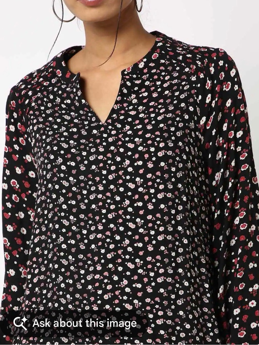 Fat Face Black Floral Notch-Neck Blouse with Pink and White Flowers EUC